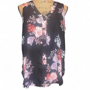 Maurices Black Floral Blouse Sleeveless Button Front V Neck Lightweight Top M